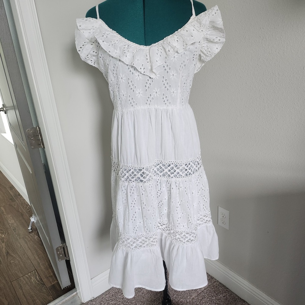 Magic White Cotton Tiered Midi Eyelet Crochet Lace Panels Boho Size Med (est)